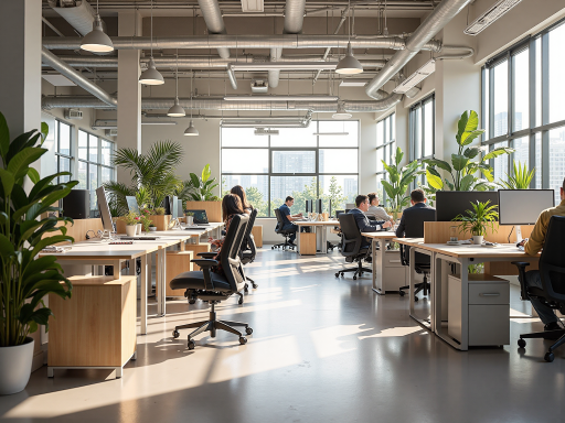 现代化办公室环境，员工正在讨论项目方案，玻璃隔断会议室，绿色植物装饰，明亮自然光线