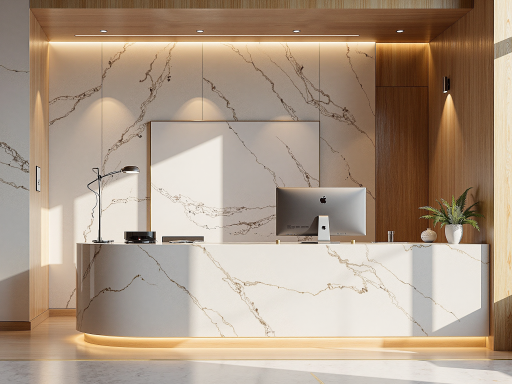 公司前台接待区域，现代化办公环境，前台工作人员微笑迎接访客，公司标识清晰可见