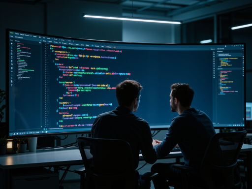 技术团队工作场景，多个程序员在电脑前编程，代码界面显示，现代化办公环境，团队协作氛围